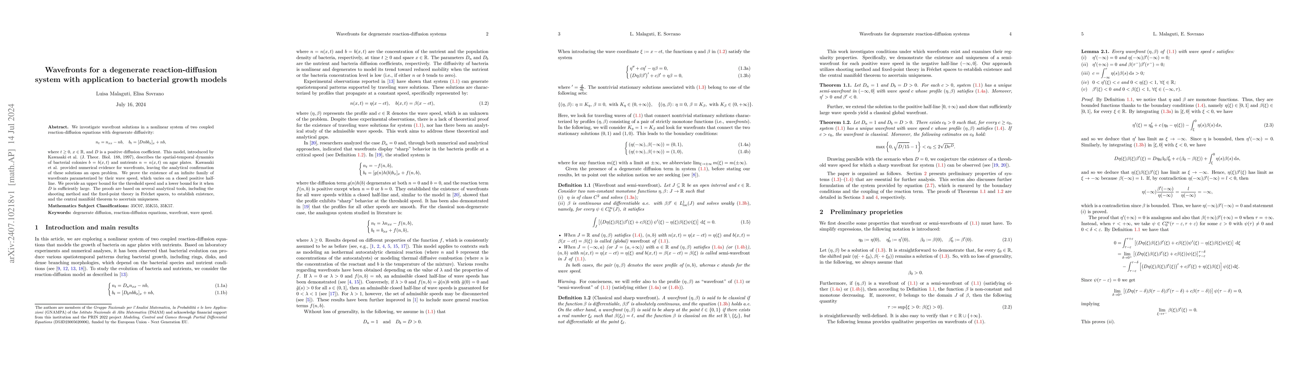Thumbnail for Wavefronts for a degenerate reaction-diffusion system with application
  to bacterial growth models