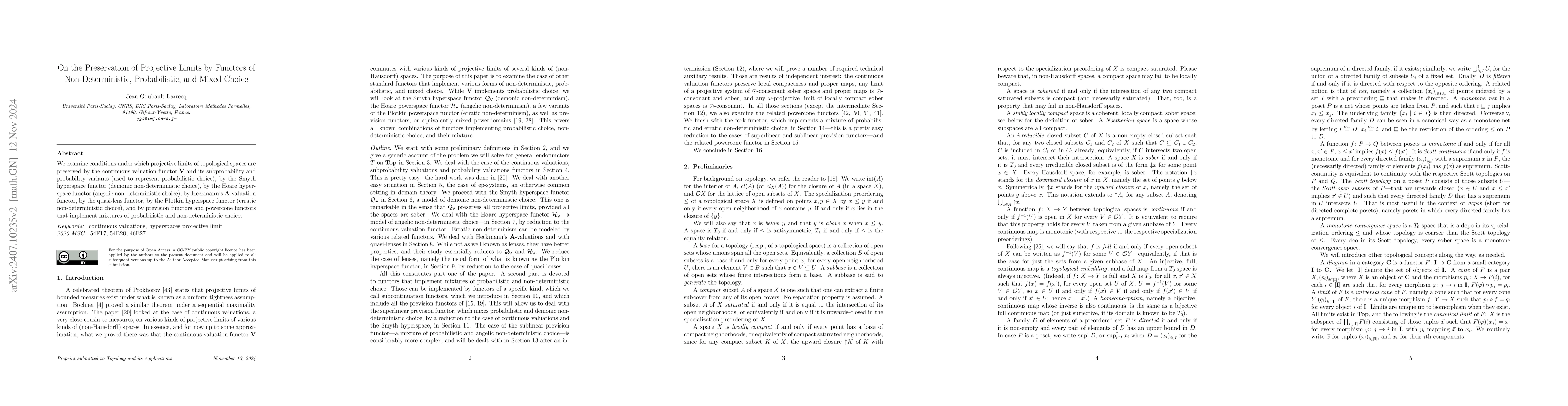 Thumbnail for On the Preservation of Projective Limits by Functors of
  Non-Deterministic, Probabilistic, and Mixed Choice