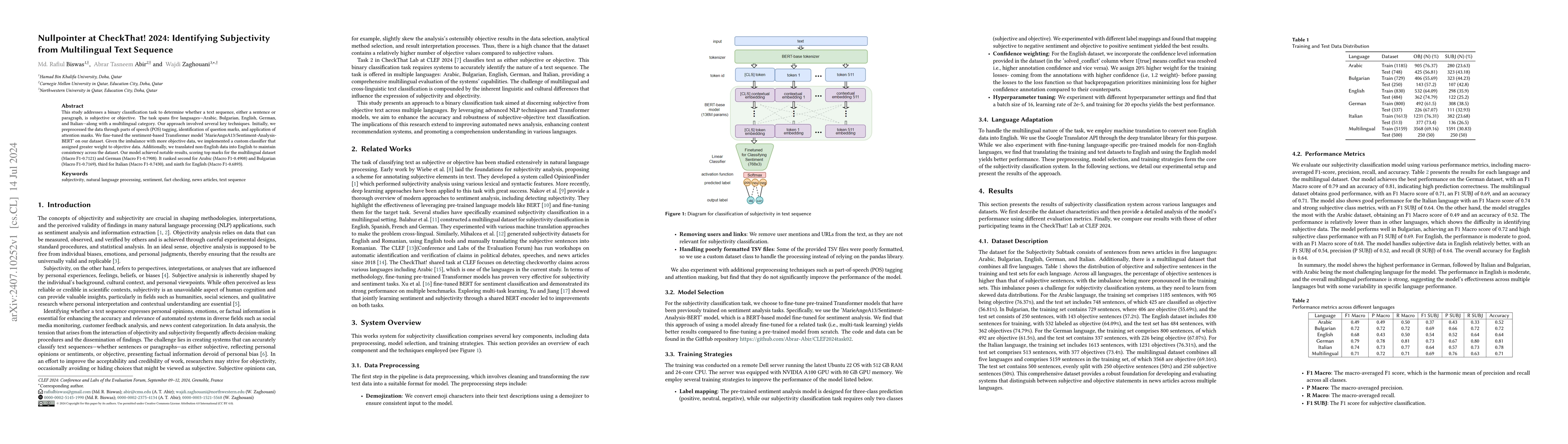 Thumbnail for Nullpointer at CheckThat! 2024: Identifying Subjectivity from
  Multilingual Text Sequence