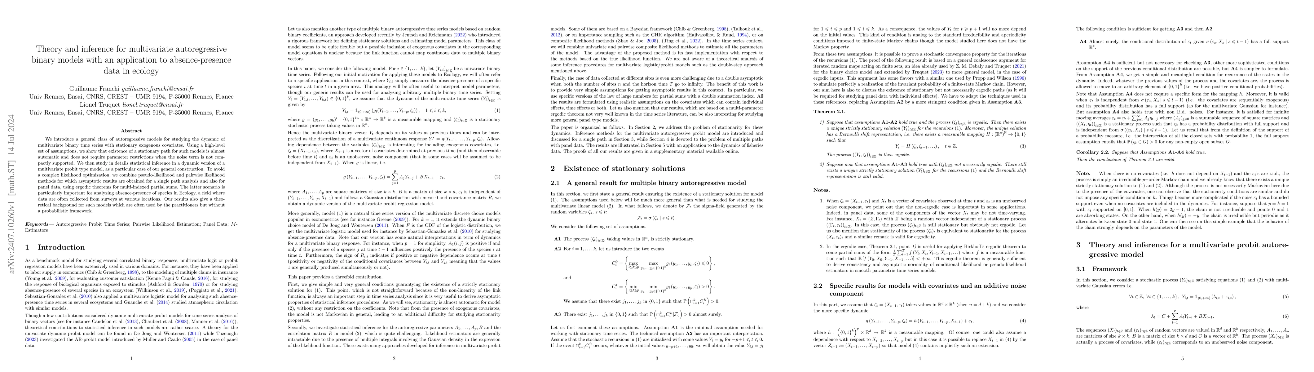 Thumbnail for Theory and inference for multivariate autoregressive binary models with
  an application to absence-presence data in ecology