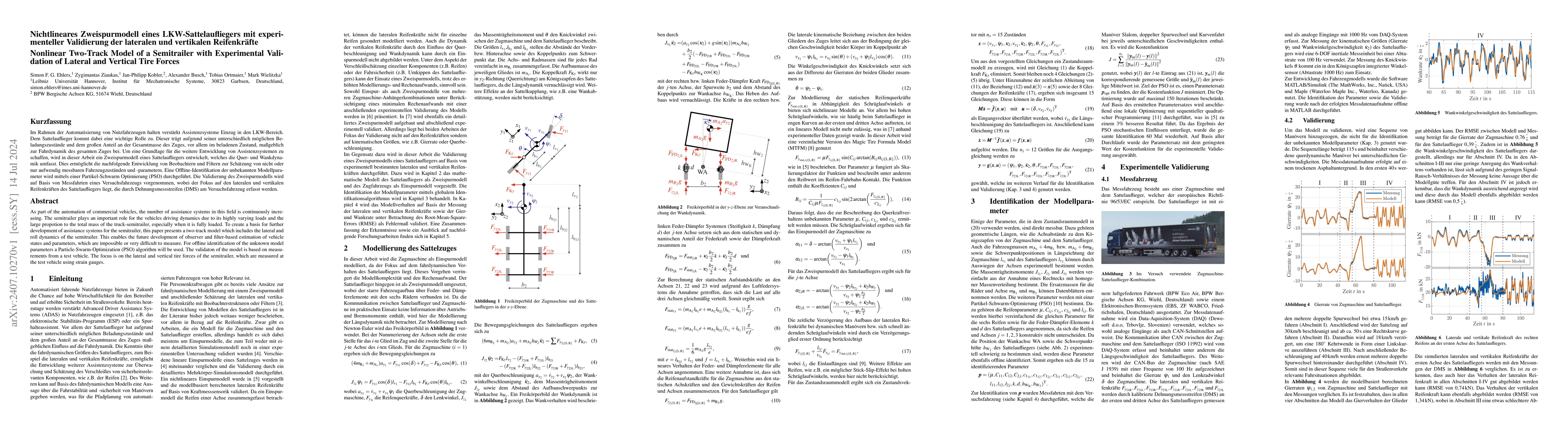 Thumbnail for Nonlinear Two-Track Model of a Semitrailer with Experimental Validation
  of Lateral and Vertical Tire Forces