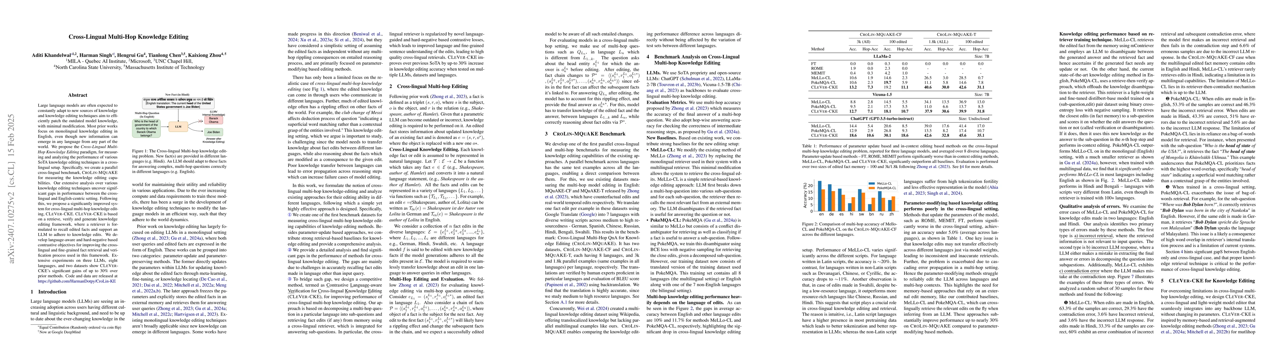 Thumbnail for Cross-Lingual Multi-Hop Knowledge Editing -- Benchmarks, Analysis and a
  Simple Contrastive Learning based Approach