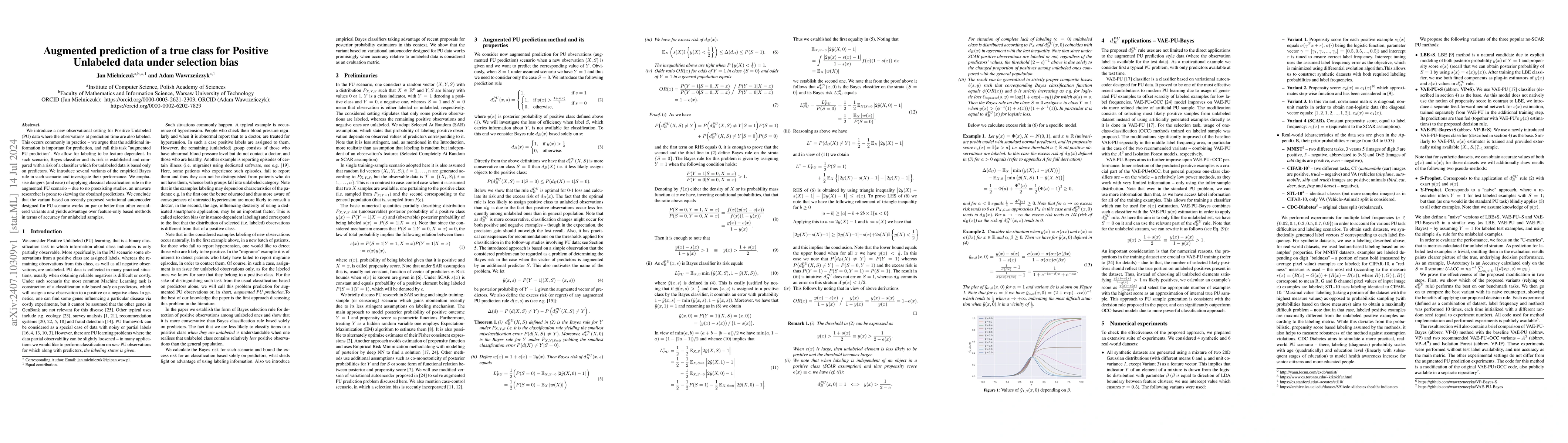 Thumbnail for Augmented prediction of a true class for Positive Unlabeled data under
  selection bias