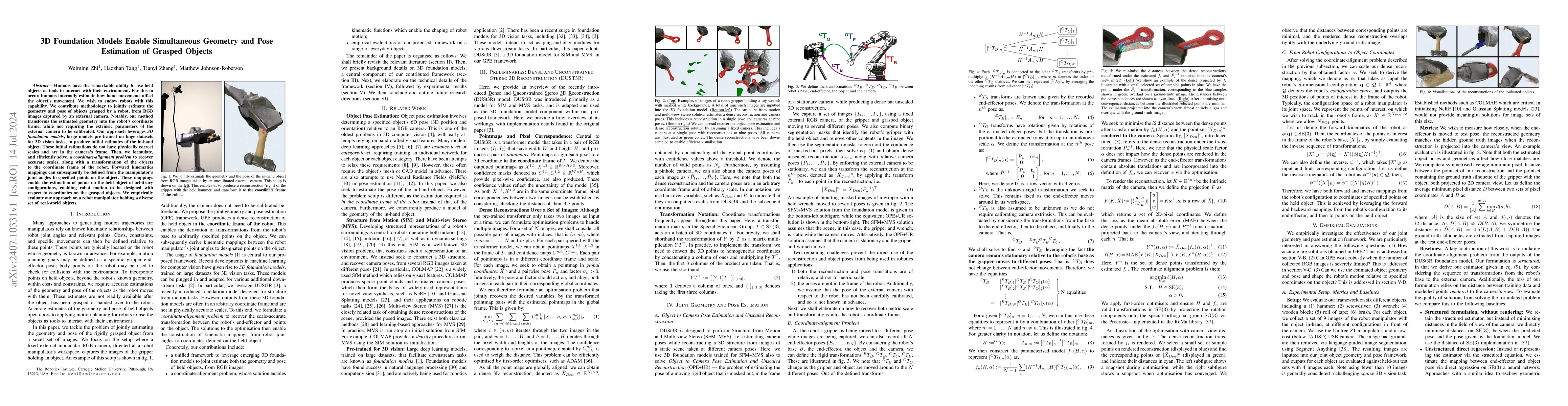 Thumbnail for 3D Foundation Models Enable Simultaneous Geometry and Pose Estimation of
  Grasped Objects