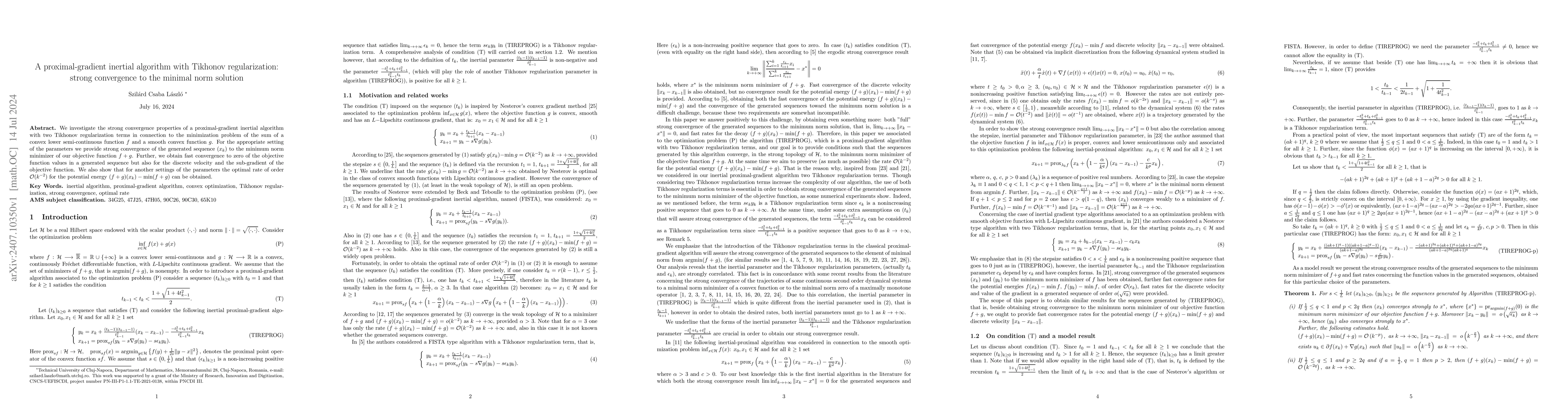 Thumbnail for A proximal-gradient inertial algorithm with Tikhonov regularization:
  strong convergence to the minimal norm solution