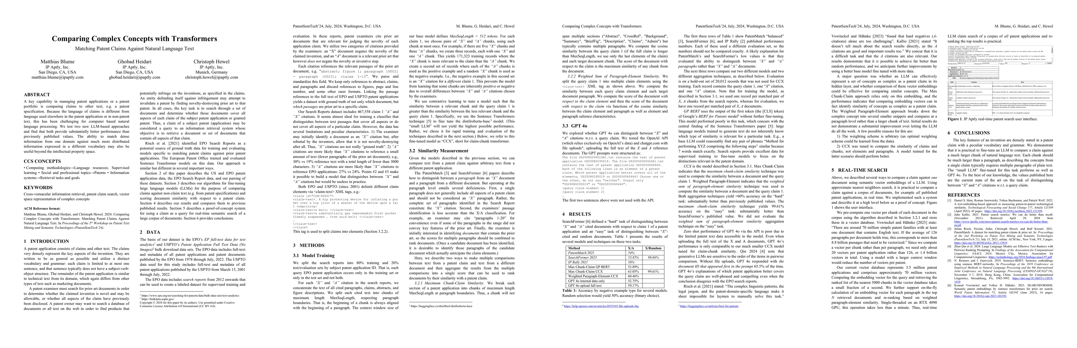 Thumbnail for Comparing Complex Concepts with Transformers: Matching Patent Claims
  Against Natural Language Text