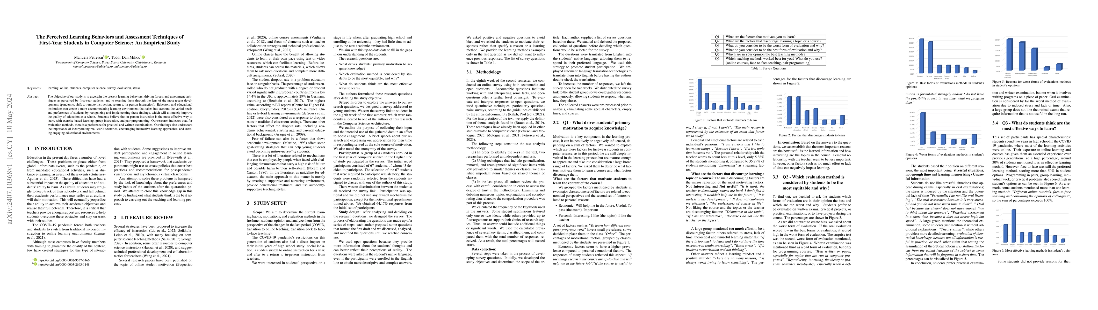 Thumbnail for The Perceived Learning Behaviors and Assessment Techniques of First-Year
  Students in Computer Science: An Empirical Study