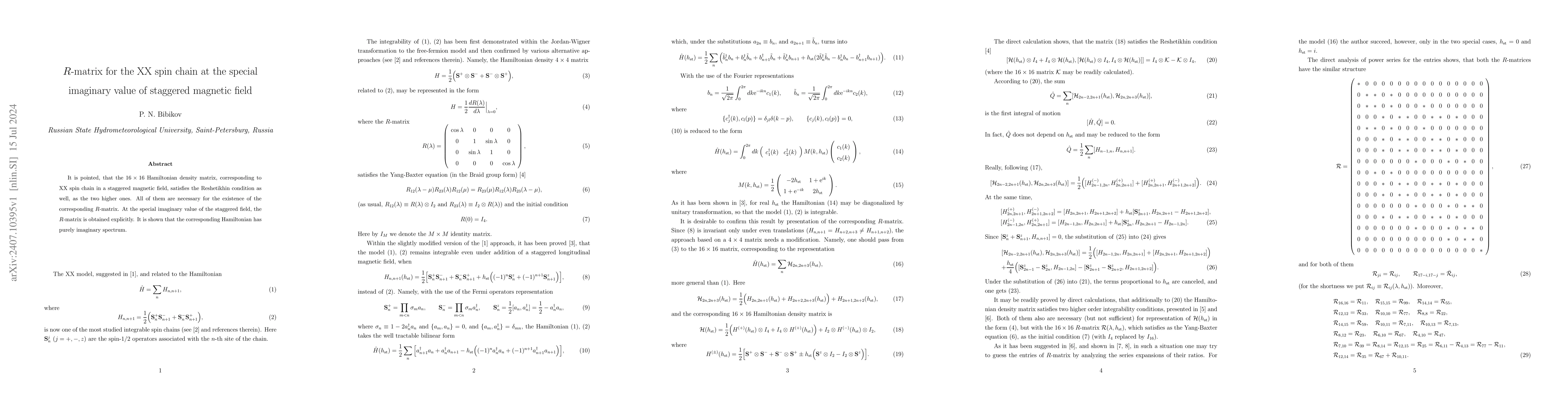 Thumbnail for R-matrix for the XX spin chain at the special imaginary value of
  staggered magnetic field