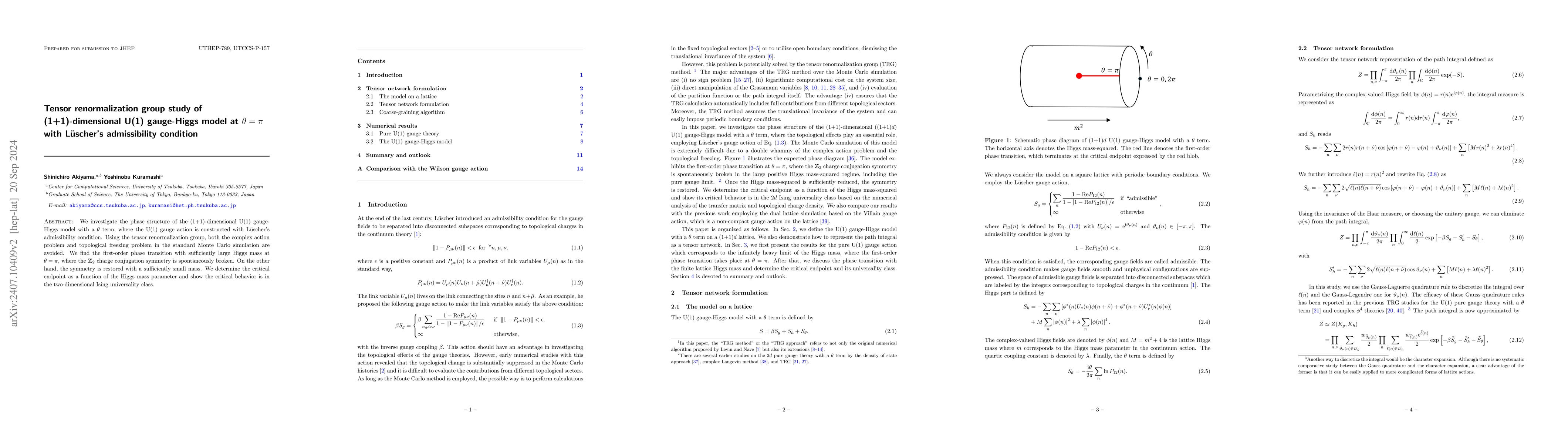 Thumbnail for Tensor renormalization group study of (1+1)-dimensional U(1) gauge-Higgs
  model at $θ=π$ with Lüscher's admissibility condition