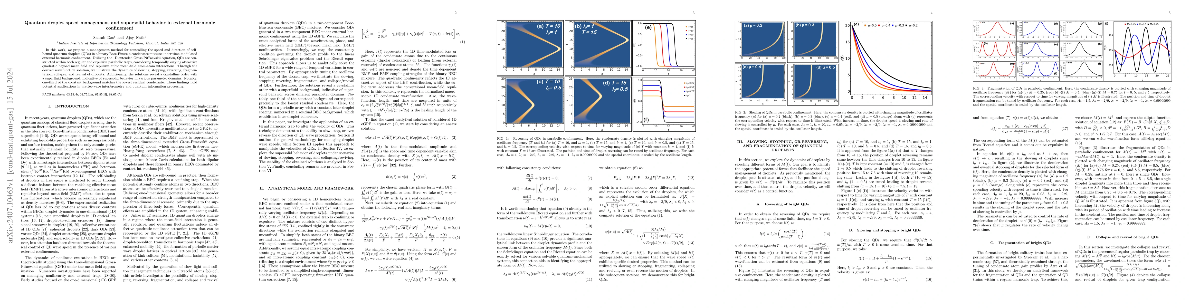 Thumbnail for Quantum droplet speed management and supersolid behavior in external
  harmonic confinement