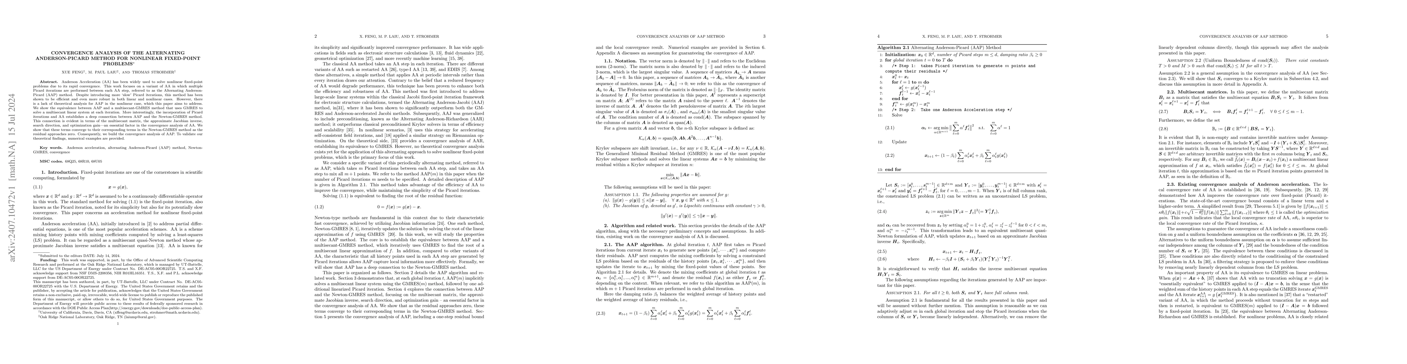 Thumbnail for Convergence Analysis of the Alternating Anderson-Picard Method for
  Nonlinear Fixed-point Problems