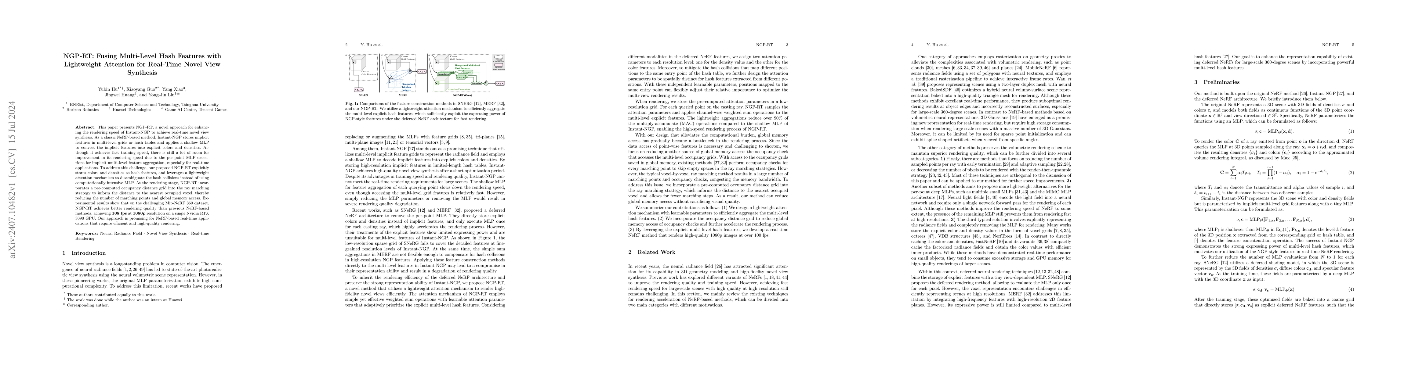 Thumbnail for NGP-RT: Fusing Multi-Level Hash Features with Lightweight Attention for
  Real-Time Novel View Synthesis