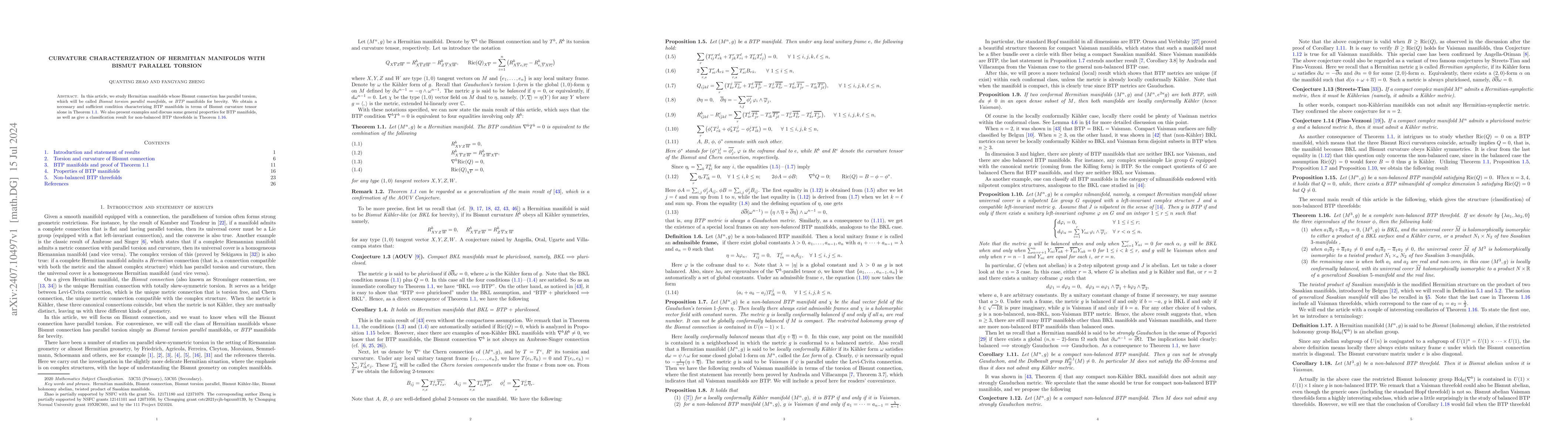 Thumbnail for Curvature characterization of Hermitian manifolds with Bismut parallel
  torsion