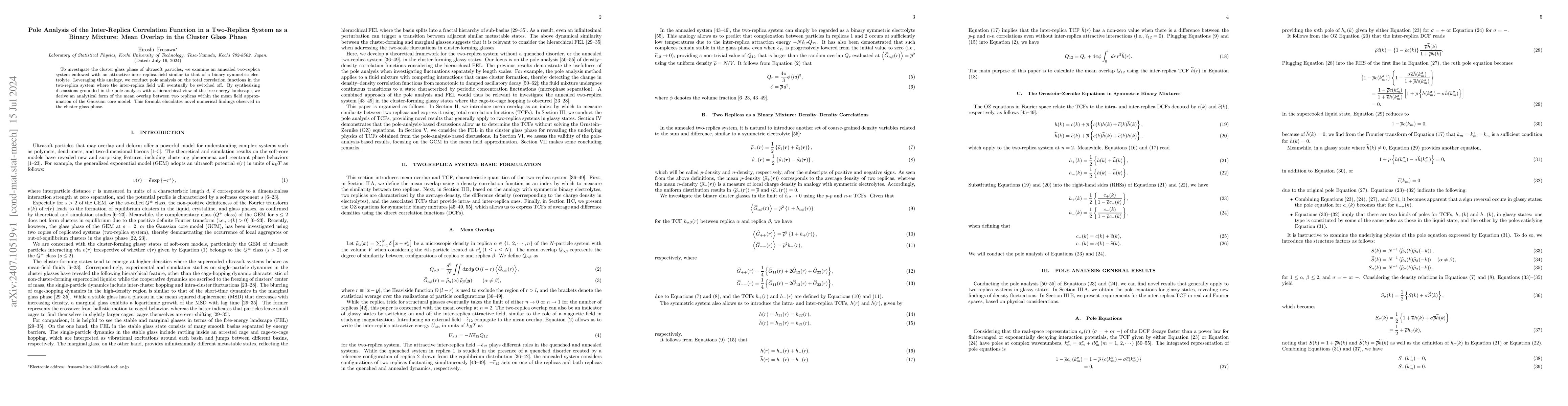 Thumbnail for Pole Analysis of the Inter-Replica Correlation Function in a Two-Replica
  System as a Binary Mixture: Mean Overlap in the Cluster Glass Phase