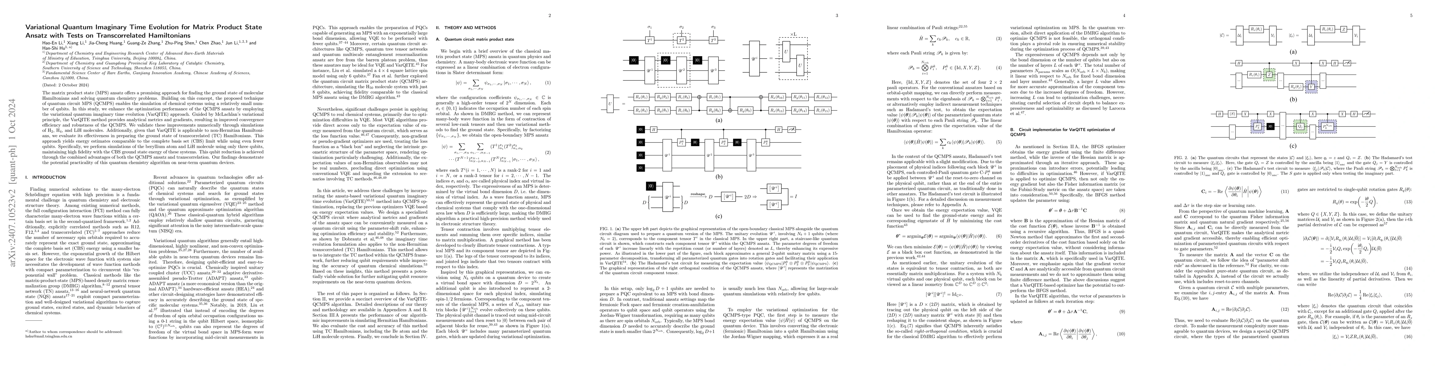 Thumbnail for Variational Quantum Imaginary Time Evolution for Matrix Product State
  Ansatz with Tests on Transcorrelated Hamiltonians