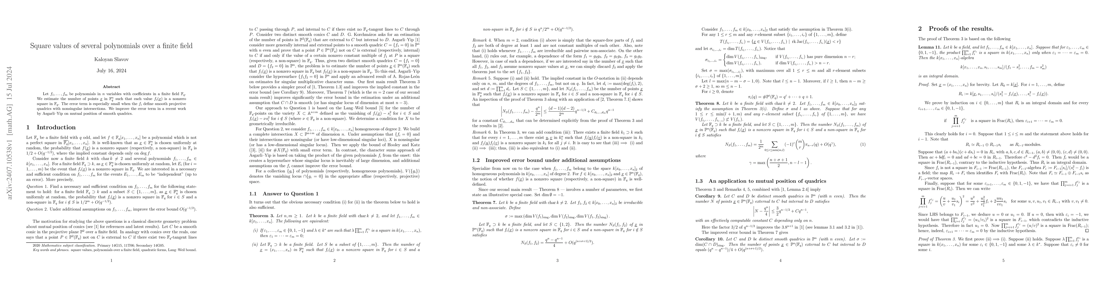 Thumbnail for Square values of several polynomials over a finite field