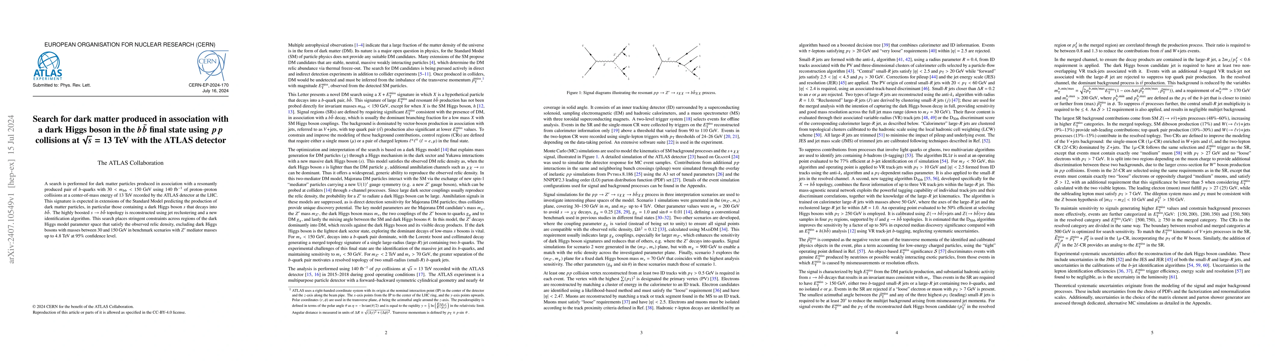 Thumbnail for Search for dark matter produced in association with a dark Higgs boson
  in the $b\bar{b}$ final state using $pp$ collisions at $\sqrt{s}=13$ TeV with
  the ATLAS detector