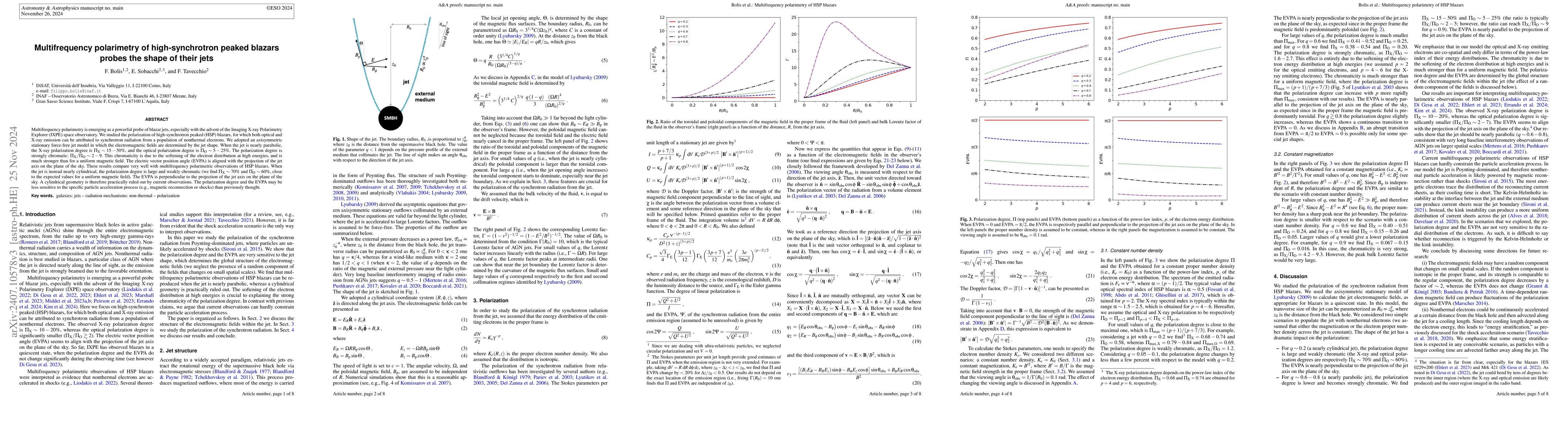 Thumbnail for Multifrequency polarimetry of High-Synchrotron Peaked blazars probes the
  shape of their jets