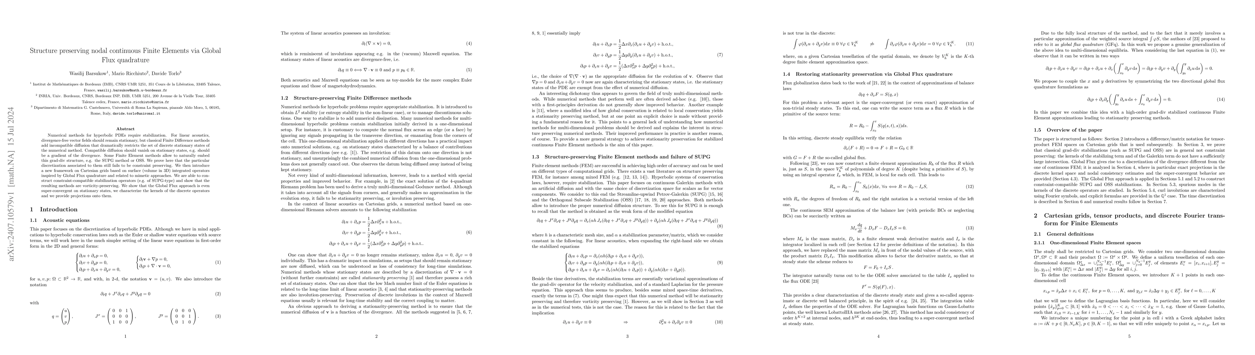 Thumbnail for Structure preserving nodal continuous Finite Elements via Global Flux
  quadrature