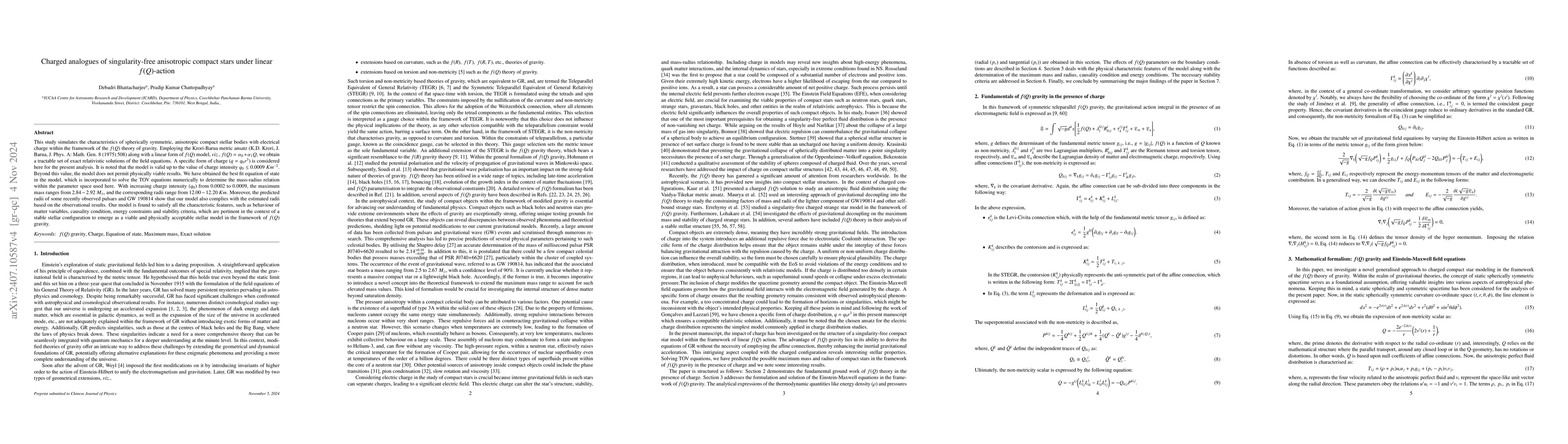 Thumbnail for Charged analogues of singularity-free anisotropic compact stars under
  linear $f(Q)$-action