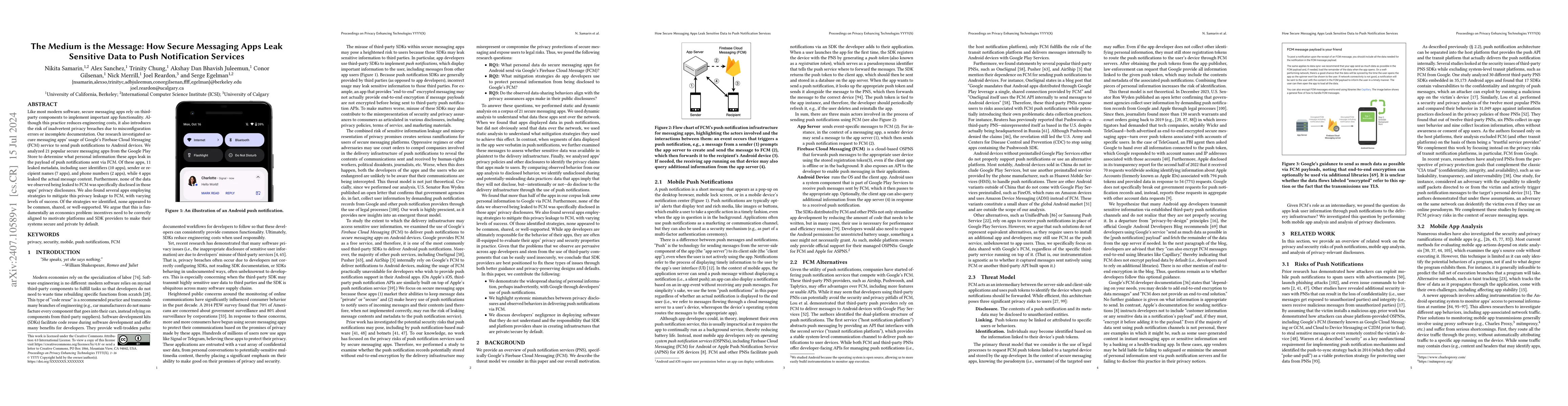 Thumbnail for The Medium is the Message: How Secure Messaging Apps Leak Sensitive Data
  to Push Notification Services