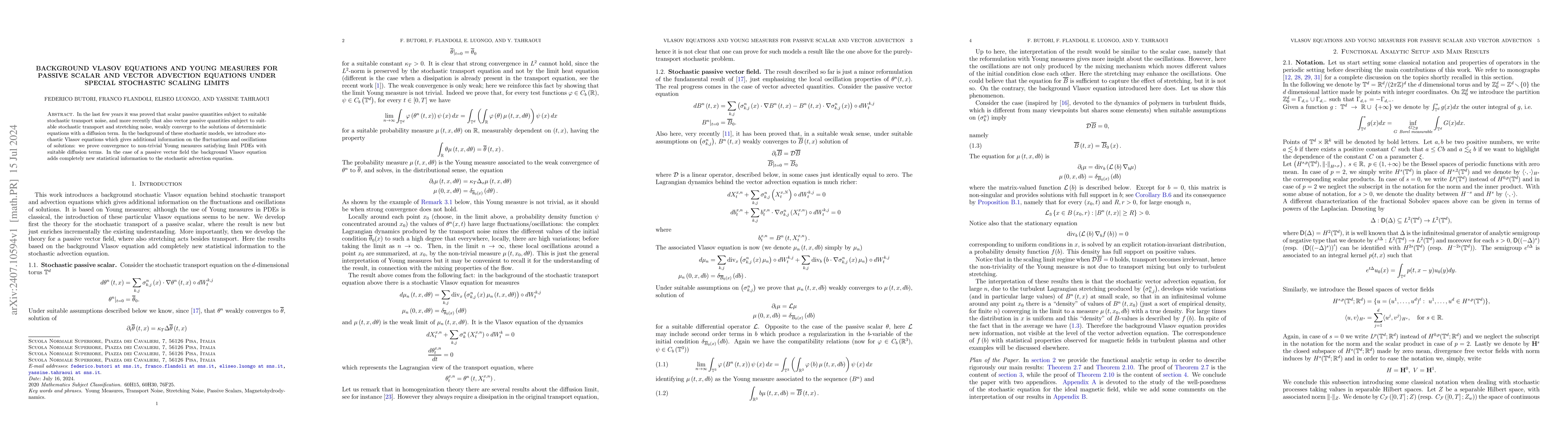Thumbnail for Background Vlasov equations and Young measures for passive scalar and
  vector advection equations under special stochastic scaling limits