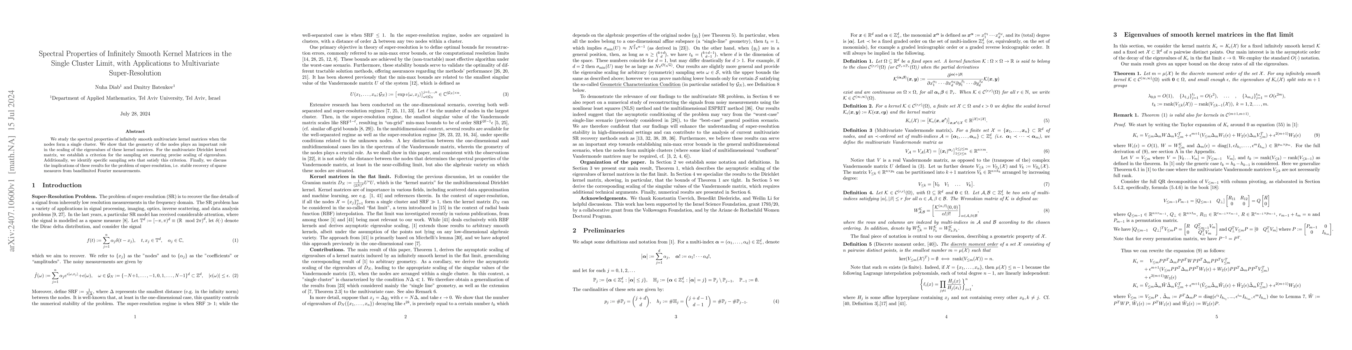 Thumbnail for Spectral Properties of Infinitely Smooth Kernel Matrices in the Single
  Cluster Limit, with Applications to Multivariate Super-Resolution