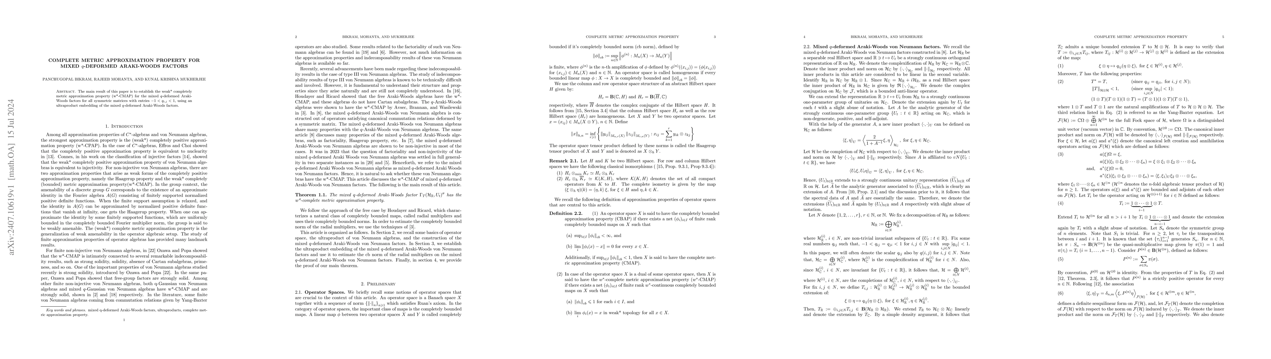 Thumbnail for Complete Metric Approximation Property For Mixed $q$-Deformed
  Araki-Woods Factors
