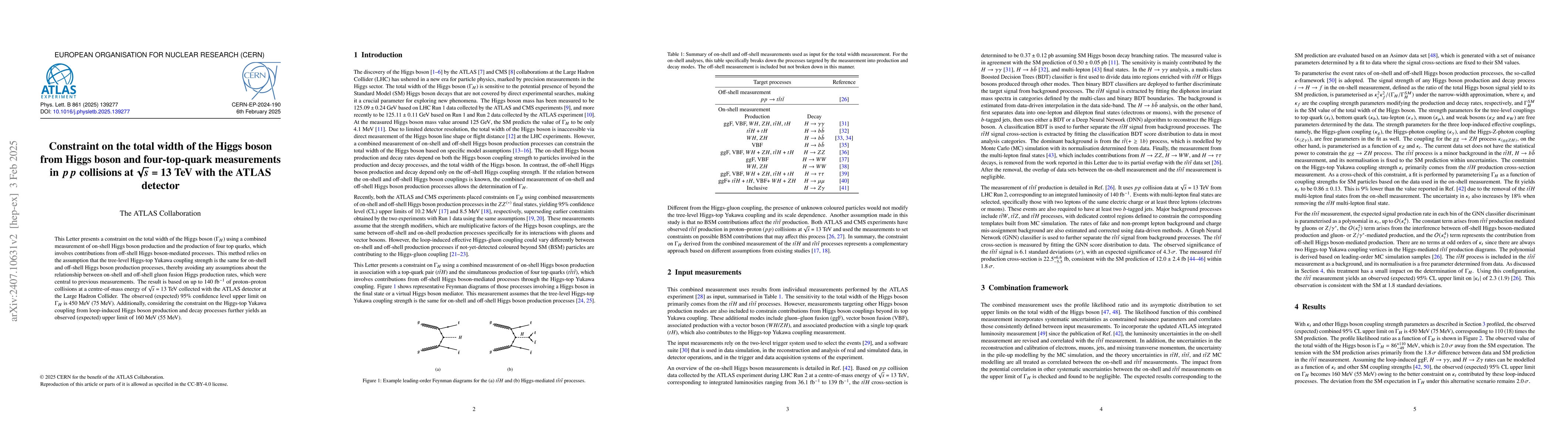 Thumbnail for Constraint on the total width of the Higgs boson from Higgs boson and
  four-top-quark measurements in $pp$ collisions at $\sqrt{s}$ = 13 TeV with
  the ATLAS detector