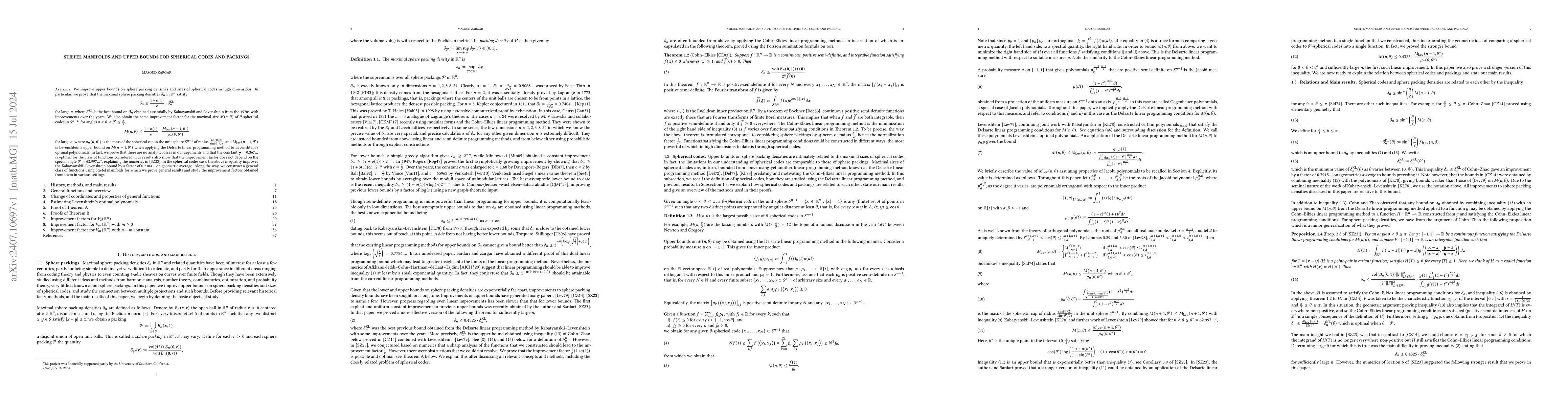 Thumbnail for Stiefel manifolds and upper bounds for spherical codes and packings