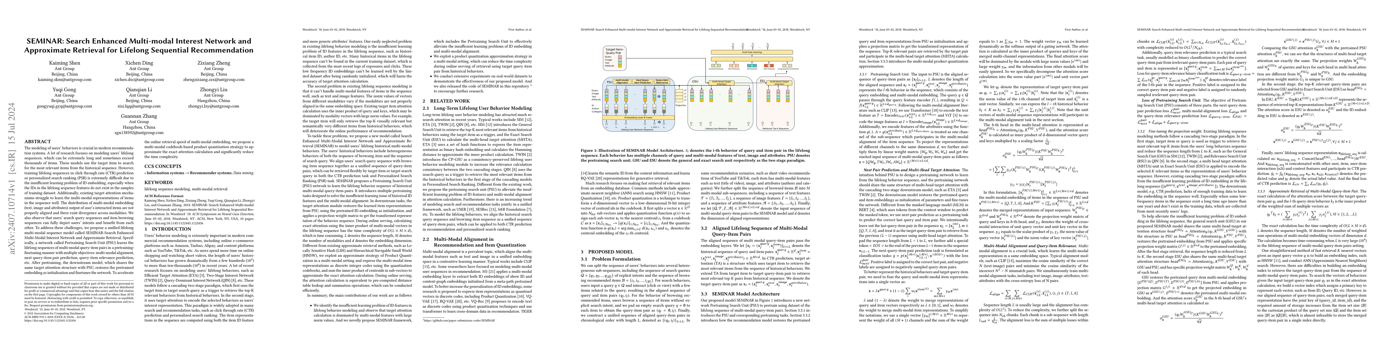 Thumbnail for SEMINAR: Search Enhanced Multi-modal Interest Network and Approximate
  Retrieval for Lifelong Sequential Recommendation