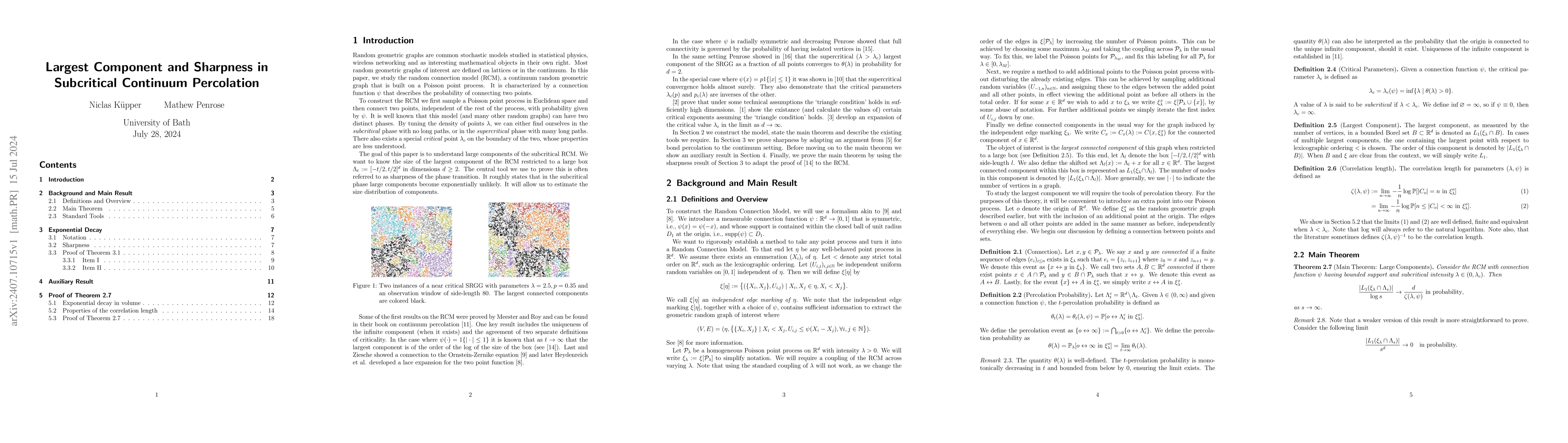 Thumbnail for Largest Component and Sharpness in Subcritical Continuum Percolation