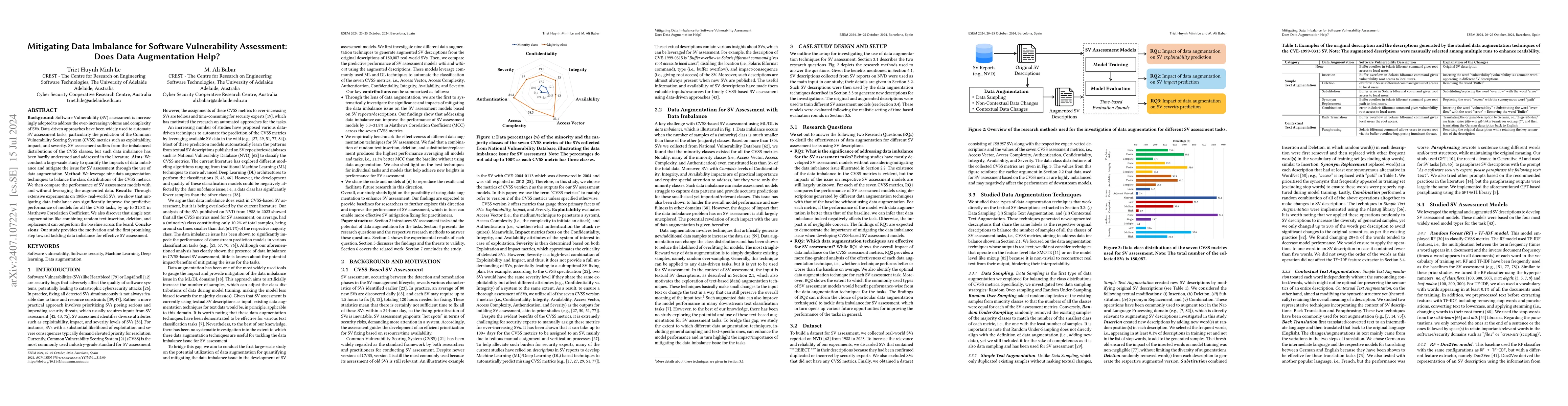 Thumbnail for Mitigating Data Imbalance for Software Vulnerability Assessment: Does
  Data Augmentation Help?