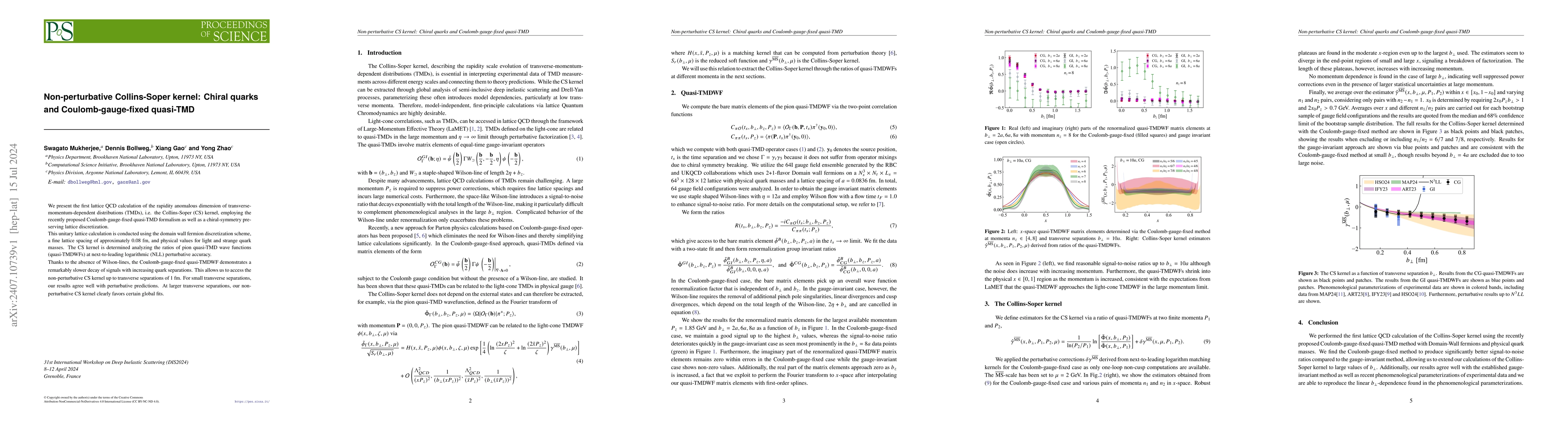 Thumbnail for Non-perturbative Collins-Soper kernel: Chiral quarks and
  Coulomb-gauge-fixed quasi-TMD