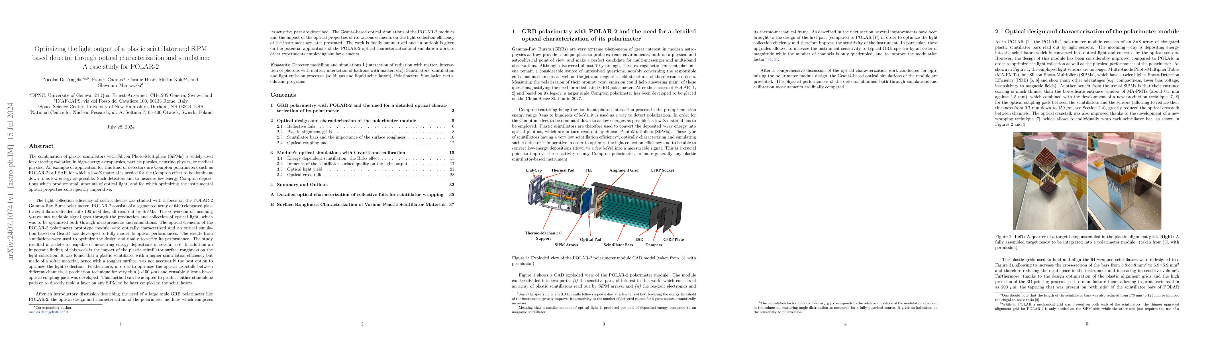 Thumbnail for Optimizing the light output of a plastic scintillator and SiPM based
  detector through optical characterization and simulation: A case study for
  POLAR-2