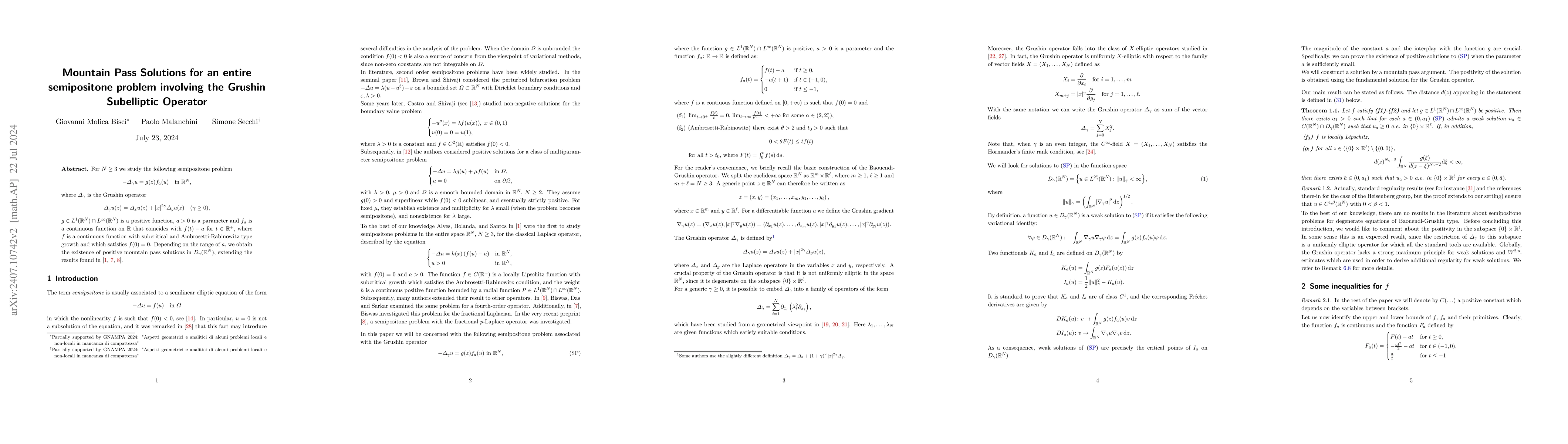 Thumbnail for Mountain Pass Solutions for an entire semipositone problem involving the
  Grushin Subelliptic Operator