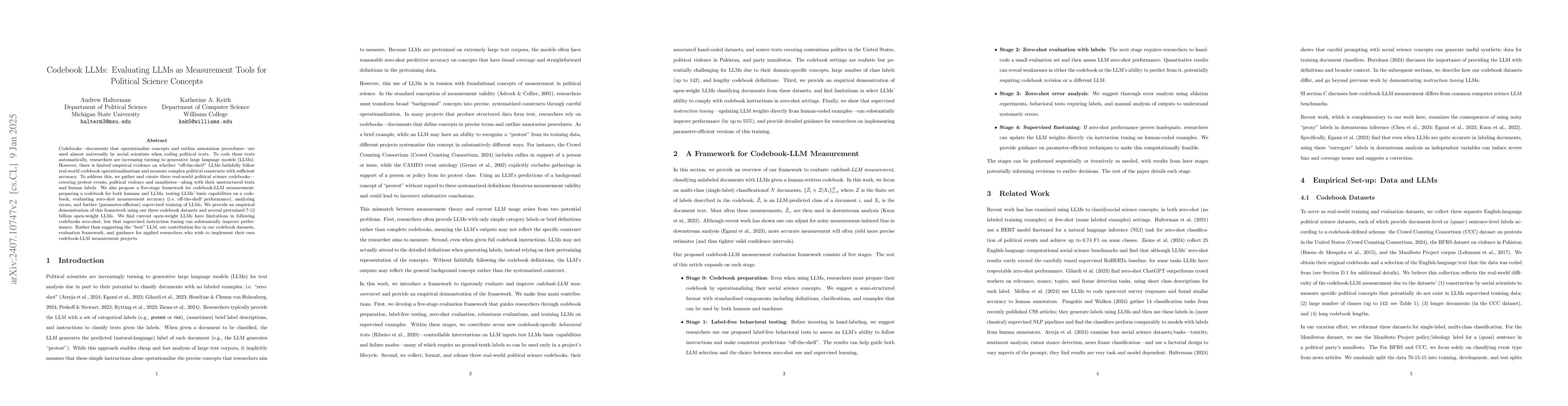 Thumbnail for Codebook LLMs: Adapting Political Science Codebooks for LLM Use and
  Adapting LLMs to Follow Codebooks