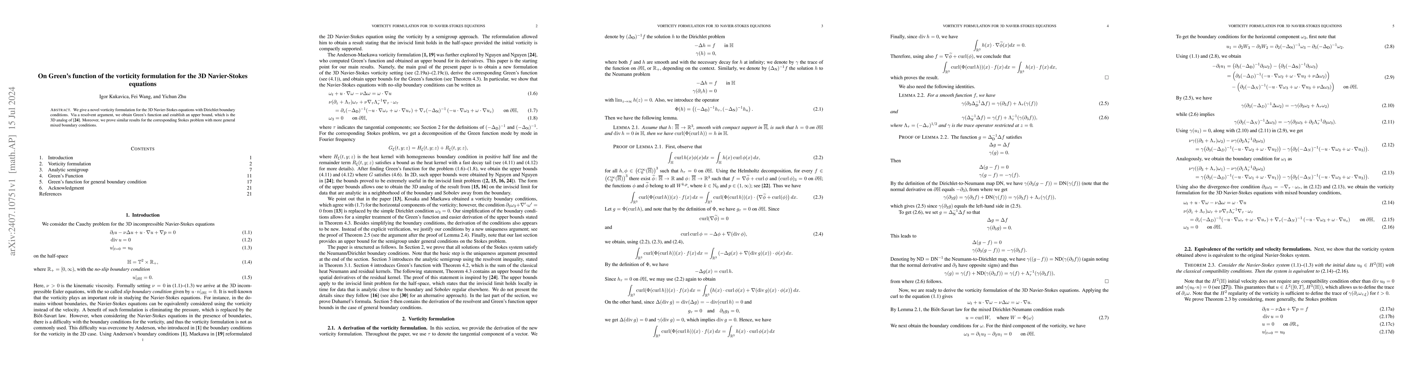 Thumbnail for On Green's function of the vorticity formulation for the 3D
  Navier-Stokes equations