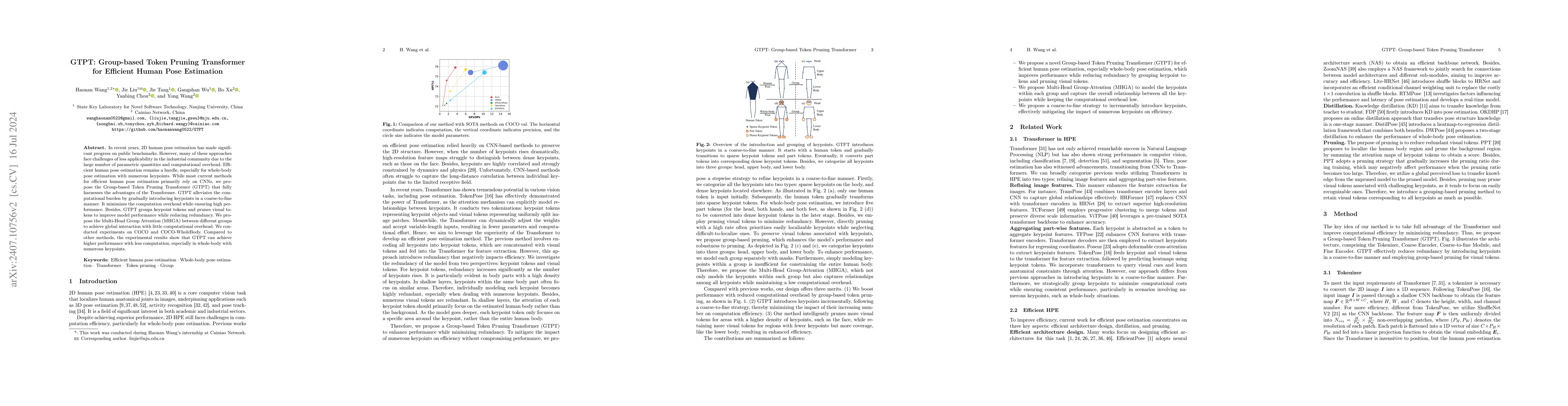 Thumbnail for GTPT: Group-based Token Pruning Transformer for Efficient Human Pose
  Estimation