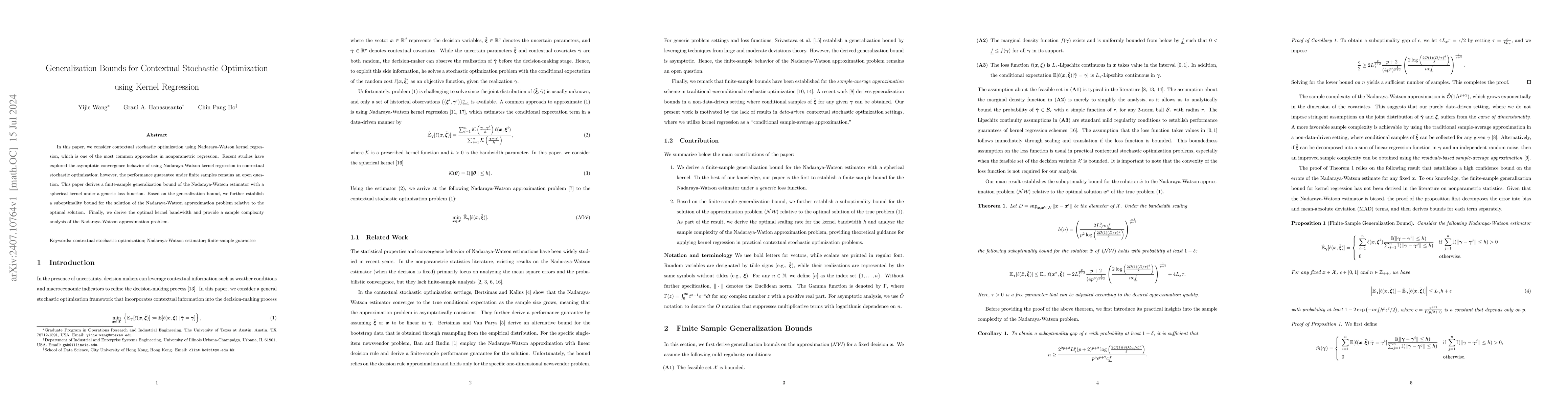 Thumbnail for Generalization Bounds for Contextual Stochastic Optimization using
  Kernel Regression
