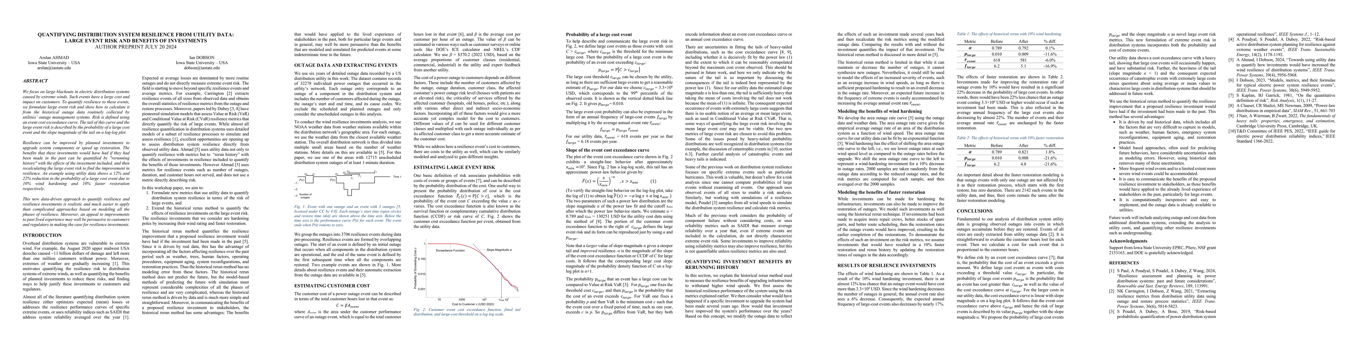 Thumbnail for Quantifying distribution system resilience from utility data: large
  event risk and benefits of investments