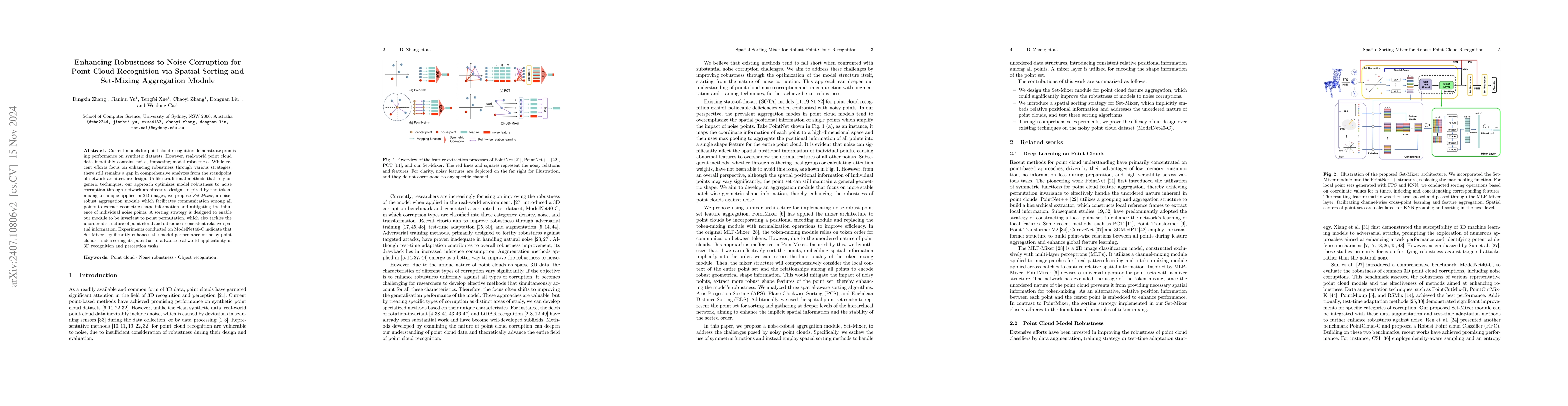 Thumbnail for Enhancing Robustness to Noise Corruption for Point Cloud Model via
  Spatial Sorting and Set-Mixing Aggregation Module