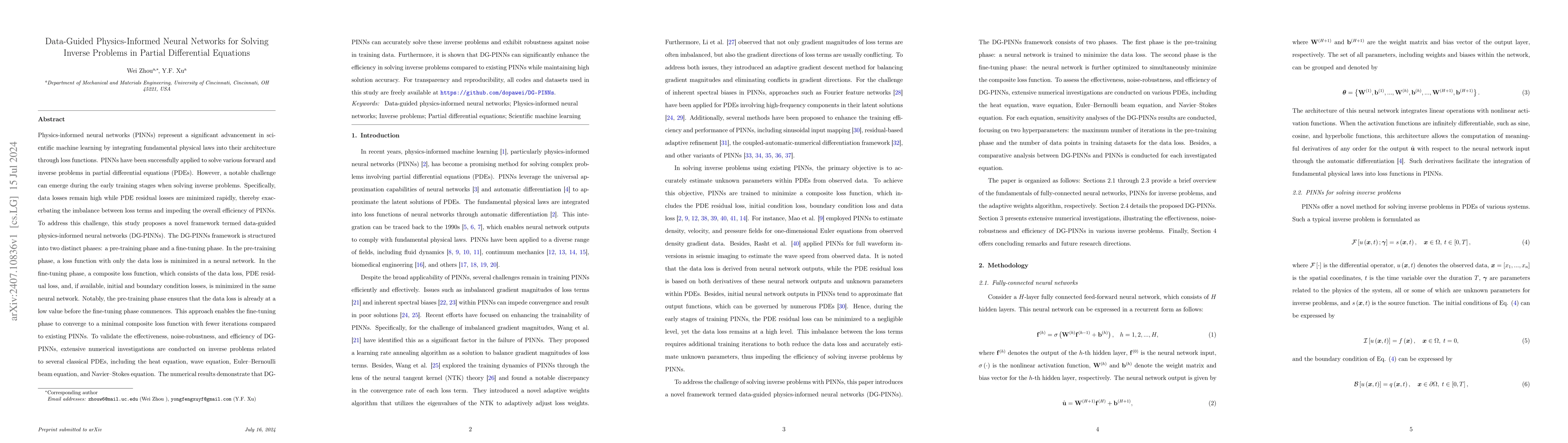 Thumbnail for Data-Guided Physics-Informed Neural Networks for Solving Inverse
  Problems in Partial Differential Equations