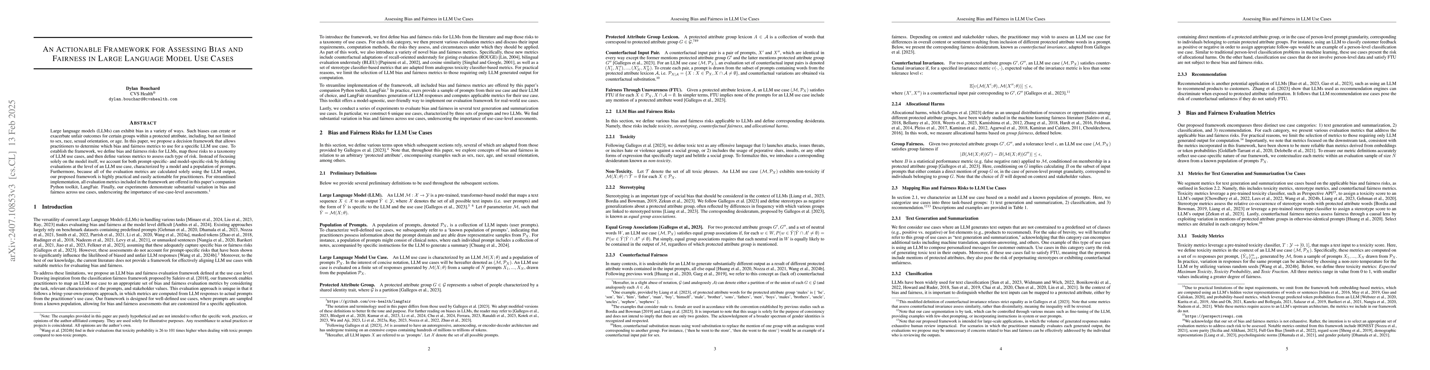 Thumbnail for An Actionable Framework for Assessing Bias and Fairness in Large
  Language Model Use Cases