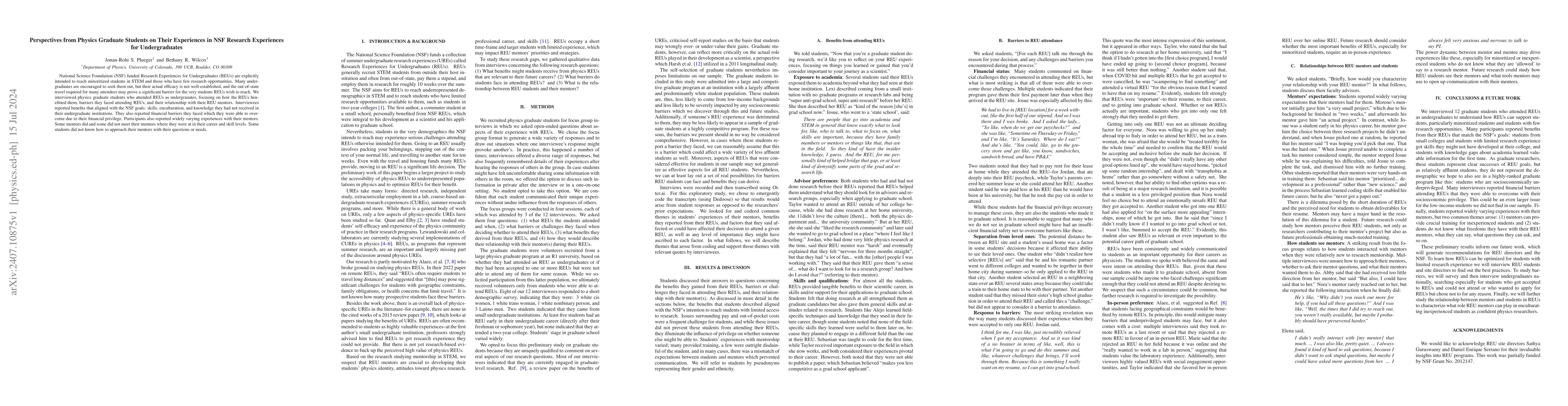 Thumbnail for Perspectives from Physics Graduate Students on Their Experiences in NSF
  Research Experiences for Undergraduates
