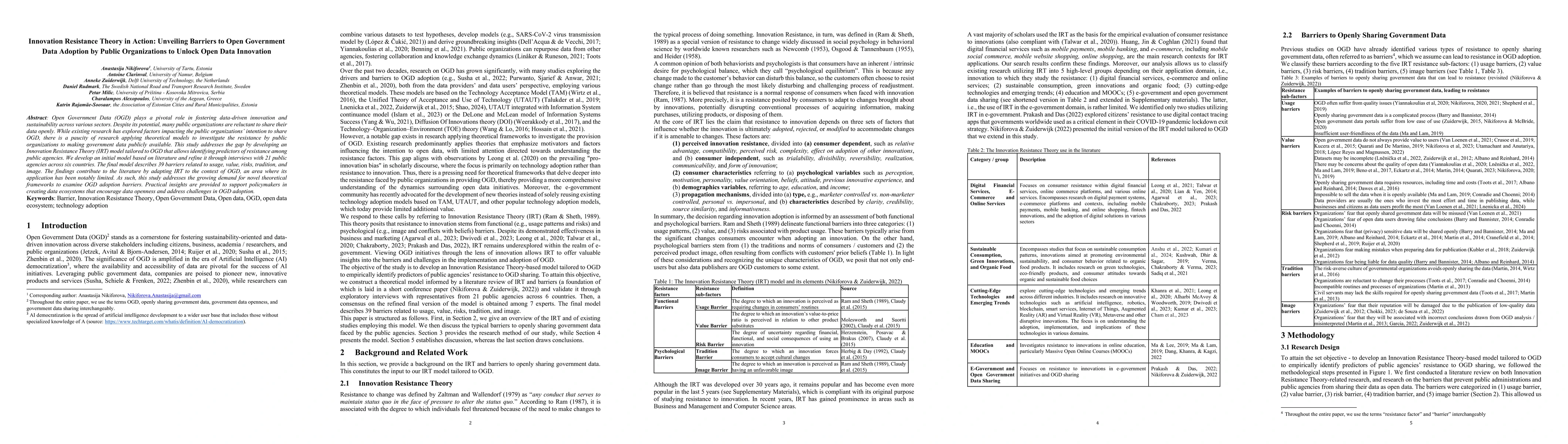 Thumbnail for Innovation Resistance Theory in Action: Unveiling Barriers to Open
  Government Data Adoption by Public Organizations to Unlock Open Data
  Innovation