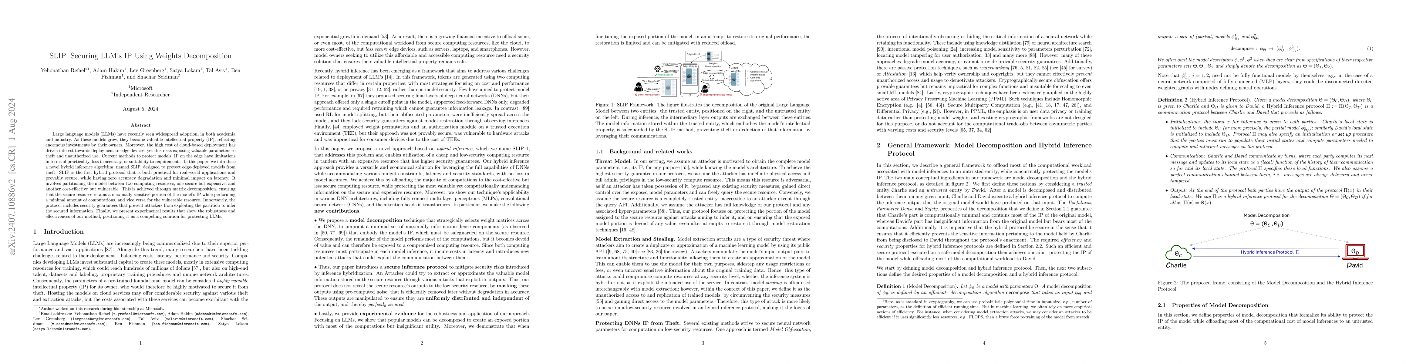Thumbnail for SLIP: Securing LLMs IP Using Weights Decomposition