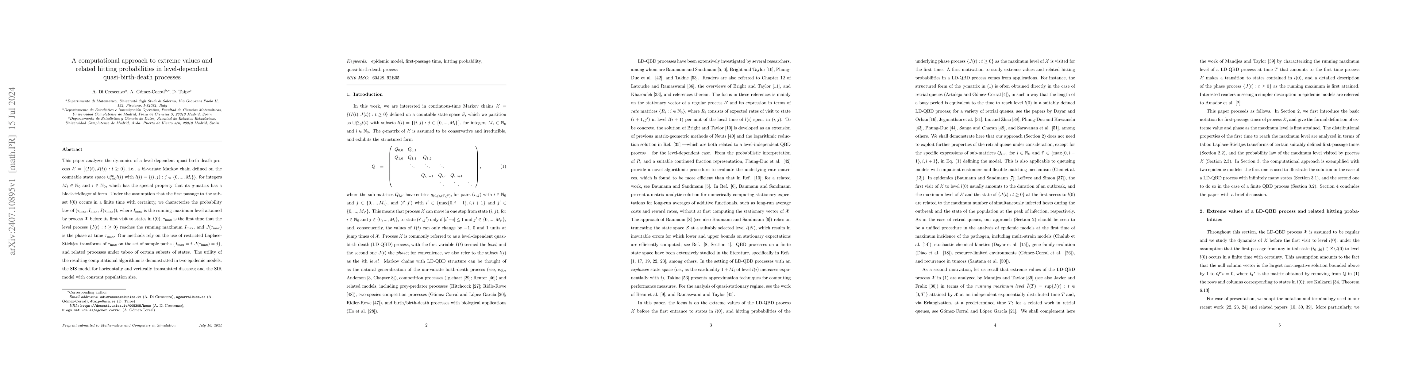 Thumbnail for A computational approach to extreme values and related hitting
  probabilities in level-dependent quasi-birth-death processes