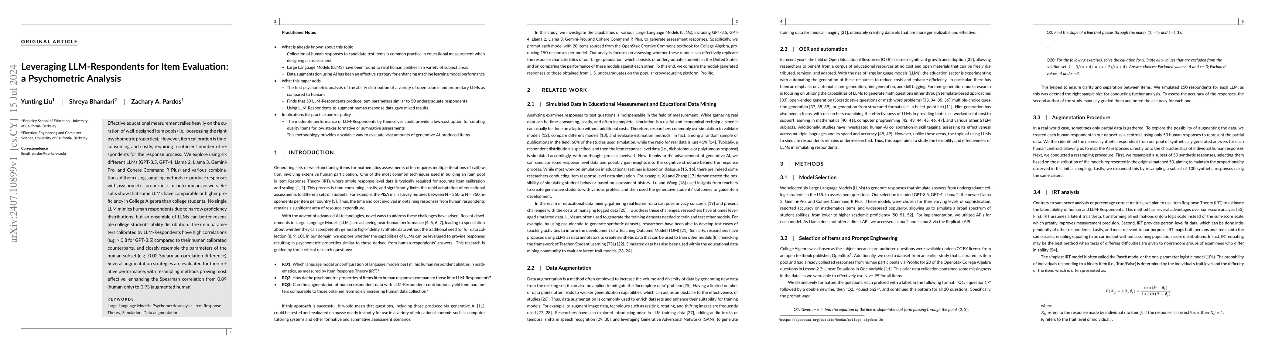 Thumbnail for Leveraging LLM-Respondents for Item Evaluation: a Psychometric Analysis