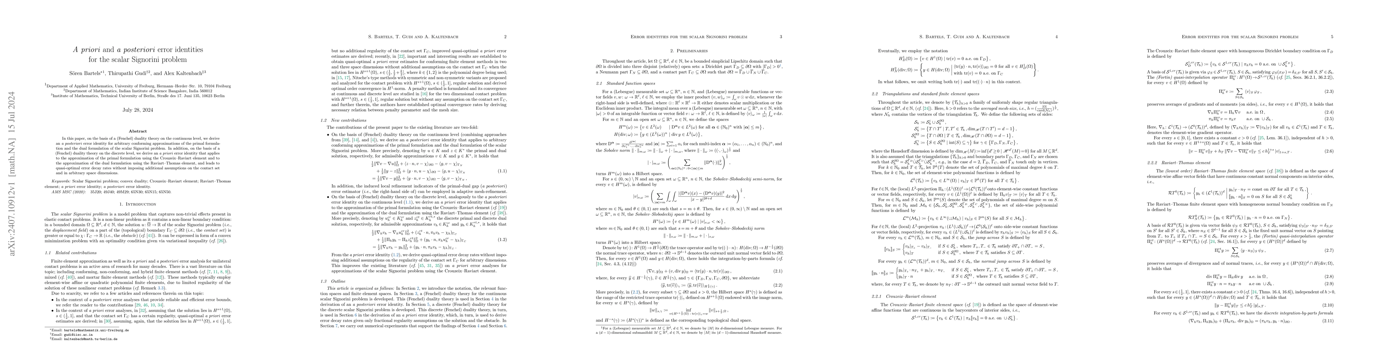 Thumbnail for $\textit{A priori}$ and $\textit{a posteriori}$ error identities for the
  scalar Signorini problem